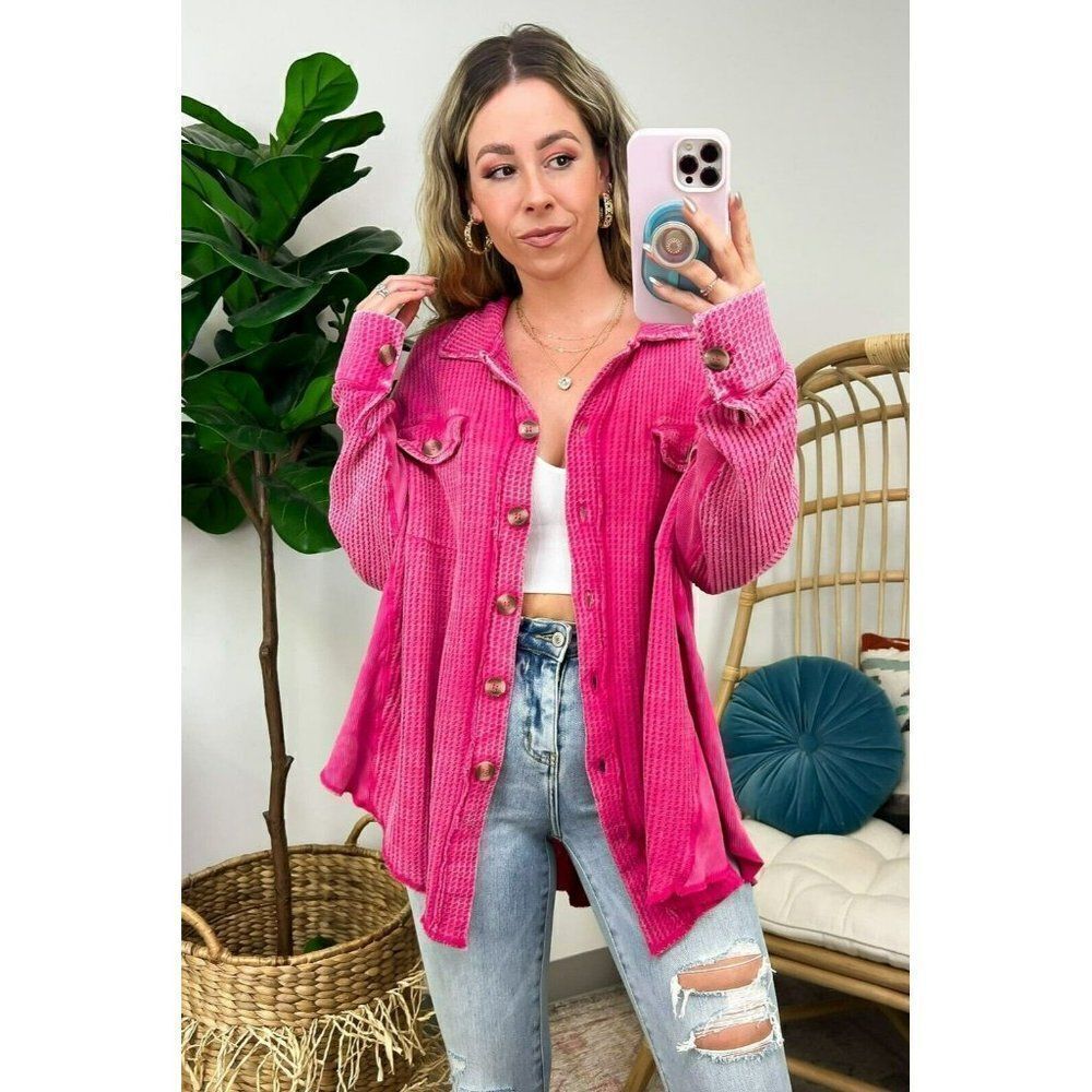 Zenana Meet U There Cotton Waffle Acid Wash Oversized Shacket Hot Pink CJW-3300 - Picture 4 of 5
